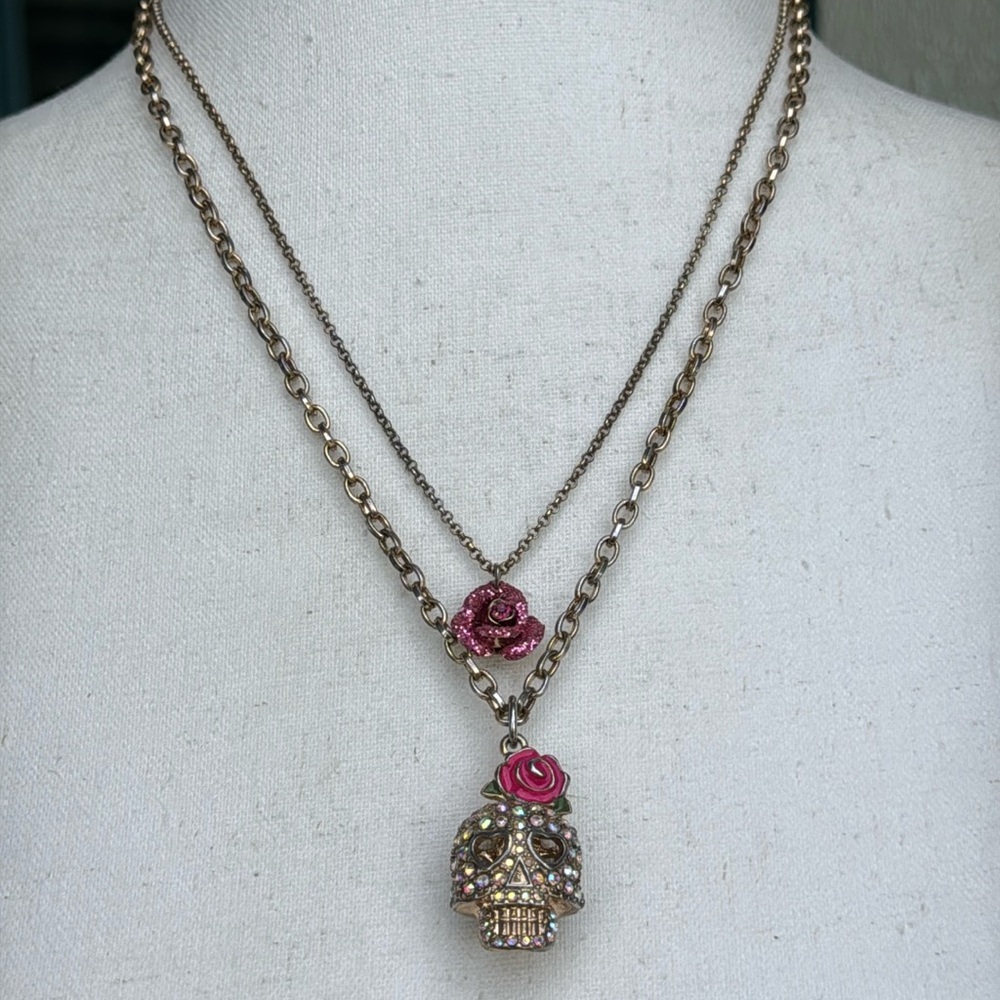 Betsey Johnson double strand crystal skull and glitter rose necklace